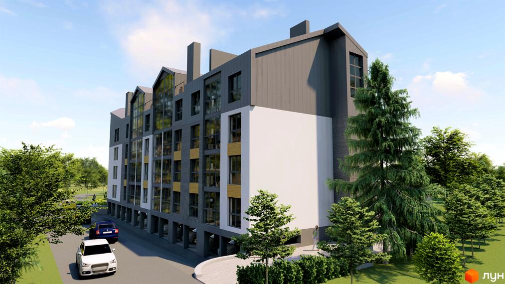 Зображення Житлового комплексу RedWood з фасадом та прибудинковою територією. На передньому плані автомобілі та зелені насадження.