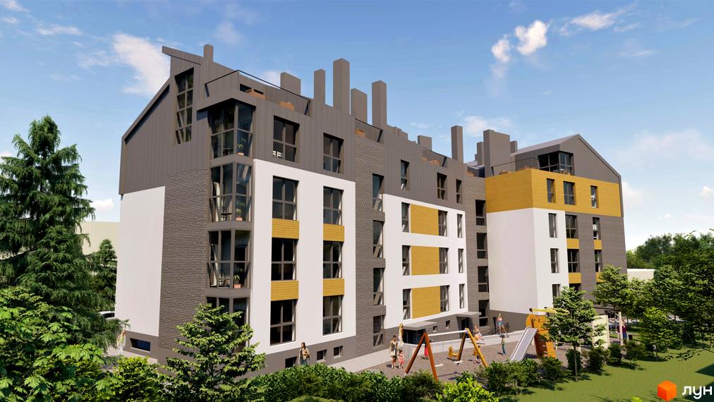 Житловий комплекс RedWood: багатосекційний будинок з комбінованим фасадом з білих, сірих та жовтих панелей. Прибудинкова територія облаштована дитячим майданчиком та зеленими деревами.