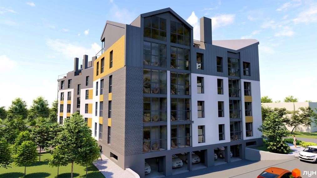 Багатоповерховий будинок Житлового комплексу RedWood з комбінованим фасадом та великими вікнами. Прибудинкова територія озеленена деревами.