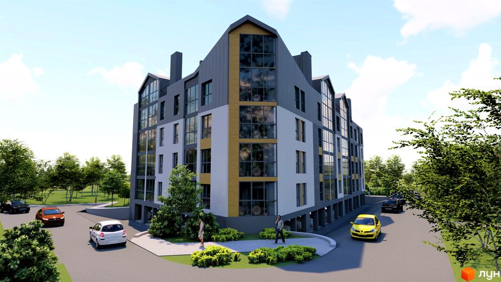 Житловий комплекс RedWood: багатоповерховий будинок з сіро-білим фасадом, великими вікнами. Прибудинкова територія з зеленими насадженнями та дорогою.