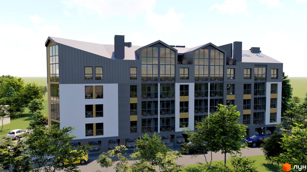 Зображення фасаду Житлового комплексу RedWood з великими вікнами та сірим дахом. Навколо будинку зелені дерева та припарковані автомобілі.