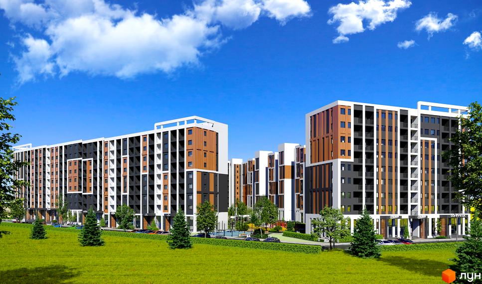 Зовнішній вигляд житлового комплексу КЕЛЬЦЕ з фасадами, що поєднують темні та світлі панелі з дерев'яними вставками, та зеленою прибудинковою територією з деревами та газоном.