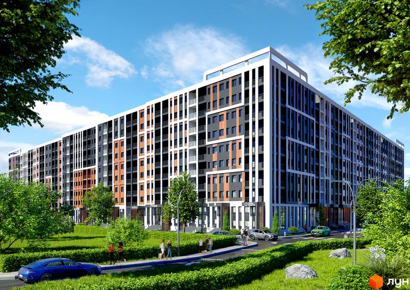 Зовнішній вигляд будинку ЖК КЕЛЬЦЕ з фасадами, що чергуються, та прибудинковою територією з зеленими насадженнями та місцями для відпочинку.