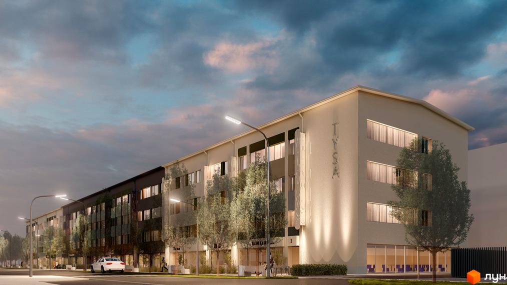 Фасад Апарт-комплексу Тиса Renovation має світлі та темні секції, з вертикальним написом TYSA. Прилегла територія облаштована деревами, ліхтарями та пішохідними зонами.