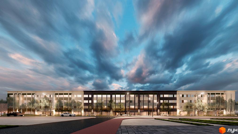 Фасад Комплексу Тиса Renovation має комбіновані світлі та темні секції з великими вікнами. Навколо будинку облаштована дорога, пішохідні зони та багато дерев.