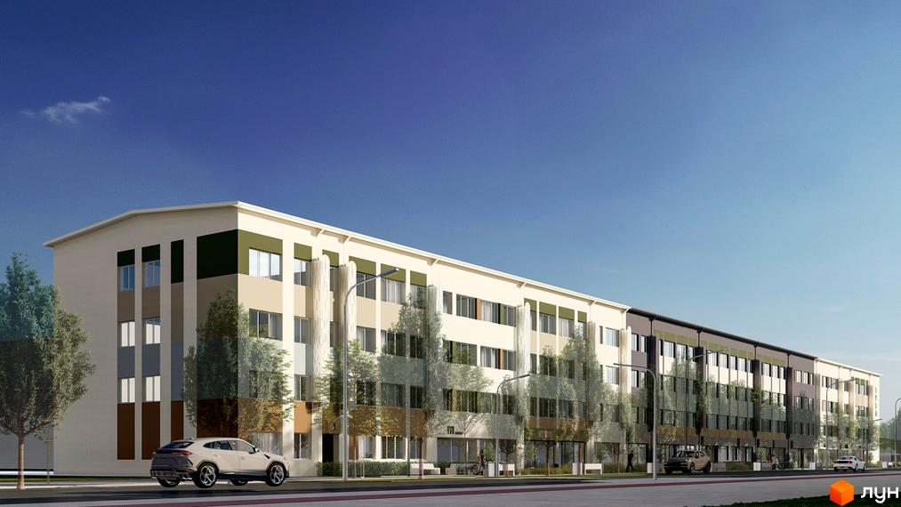 Зображення фасаду Апарт-комплексу Тиса Renovation. Багатоповерхова будівля з великими вікнами та деревами навколо.