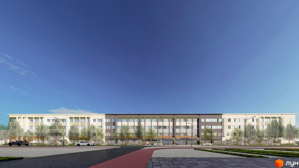 Зображення фасаду Апарт-комплексу Тиса Renovation. Багатоповерхова будівля з великими вікнами та деревами на передньому плані.