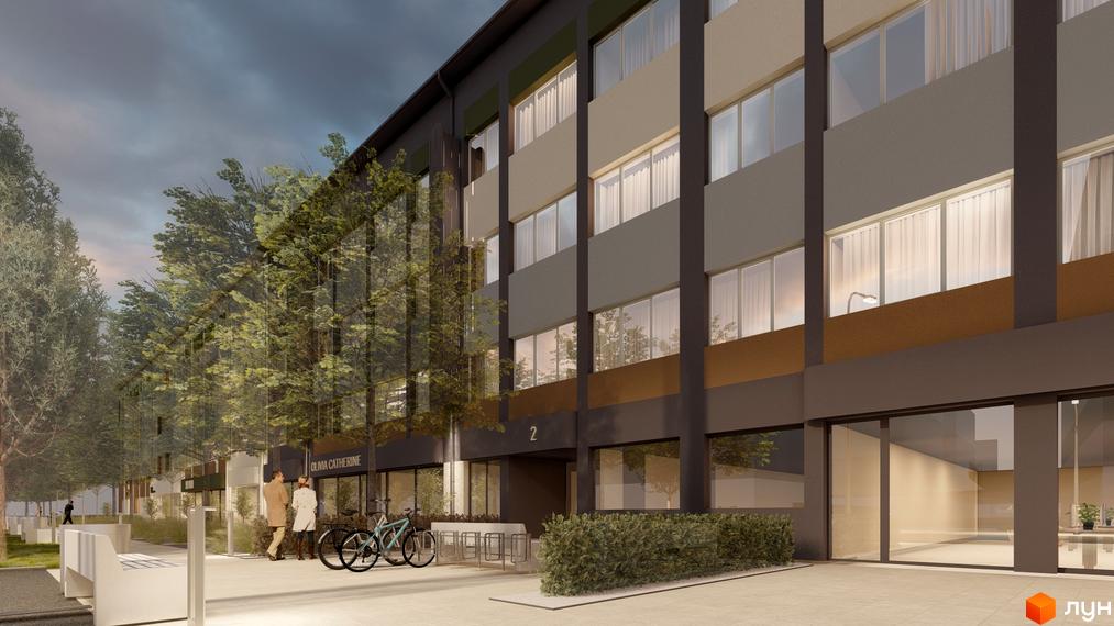 Багатоповерховий будинок Апарт-комплекс Тиса Renovation з темно-сірим та бежевим фасадом, великими вікнами. Перед входом облаштована територія з деревами та велопарковкою.