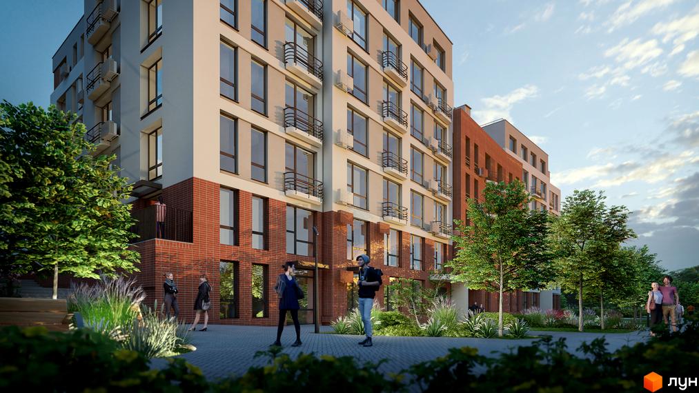Житловий комплекс РЕМ з цегляним фасадом та озелененою прибудинковою територією. Сучасна архітектура та комфортне життя.