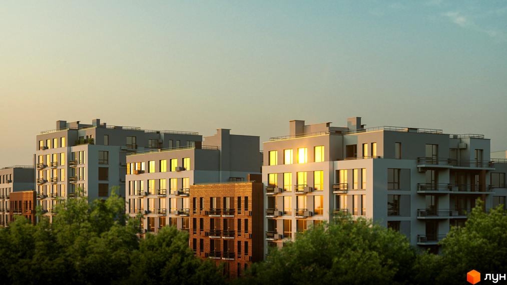 Житловий комплекс РЕМ: світлі багатоквартирні будинки з балконами та один цегляний будинок, оточені зеленими деревами.