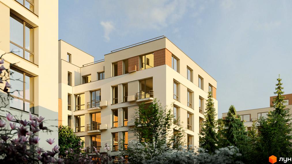 Зовнішній вигляд житлового комплексу РЕМ з великими вікнами та балконами, оточений деревами та квітучими рослинами. Сучасна архітектура новобудови.