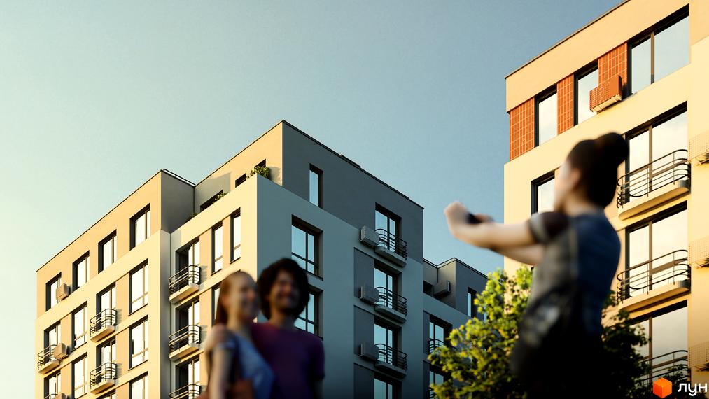 Житловий комплекс РЕМ: багатоповерхові будинки світлих відтінків з великими вікнами та балконами. На передньому плані зелені насадження та люди.