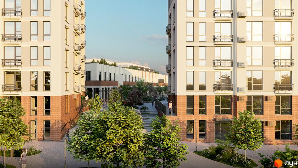 Житловий комплекс РЕМ: світлі багатоповерхові будинки з цегляною основою та балконами. Прибудинкова територія озеленена деревами та доріжками.