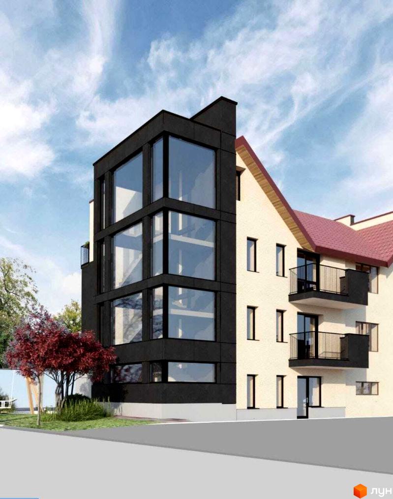 Зображення будинку Club house. Чотириповерхова будівля з великими вікнами та балконами.