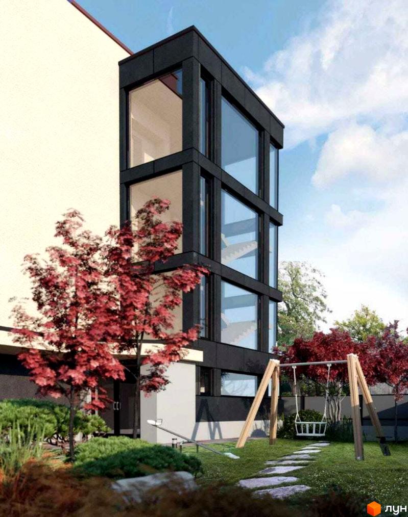 Клубний будинок Club house має світлий фасад та темний скляний блок зі сходами. На прибудинковій території розташовані газон, доріжка та дитячий майданчик з гойдалкою.