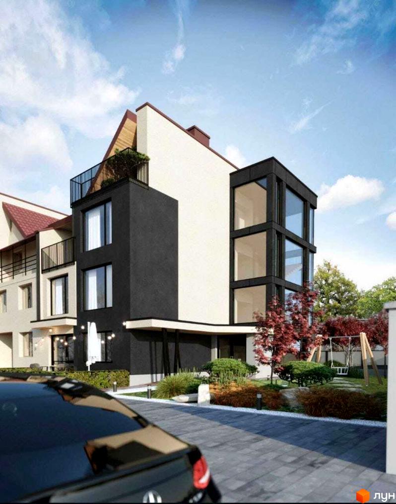 Клубний будинок Club house: будівля з багатоповерховим фасадом, великими вікнами та балконами. Прибудинкова територія з бруківкою та зеленими насадженнями.