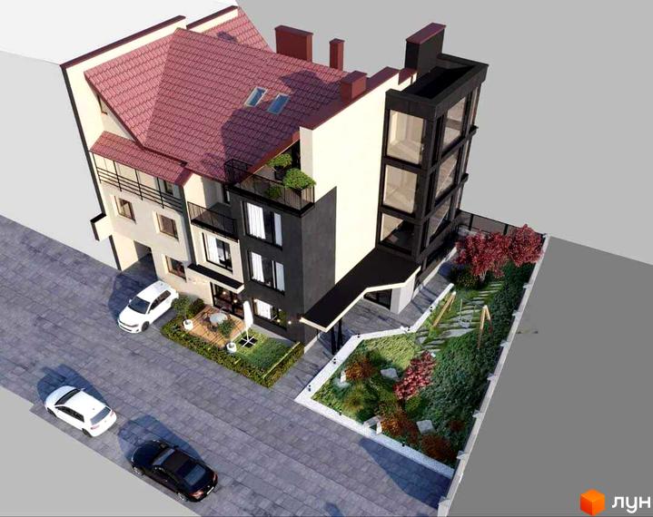 Клубний будинок Club house: багатоквартирний будинок з червоним дахом, світлим та темним фасадом, балконами. Прибудинкова територія має парковку та озеленення.