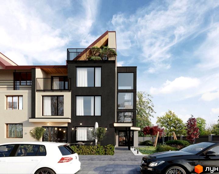 Зображення будинку Club house. Триповерхова будівля з балконами та великими вікнами, перед якою припарковані автомобілі.