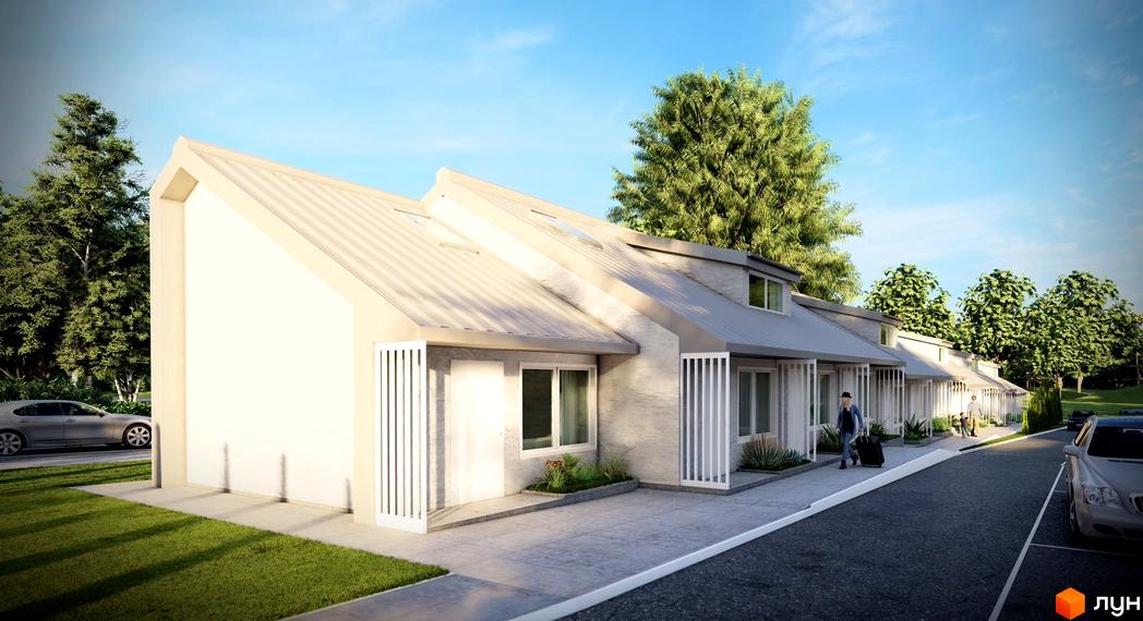 Таунхауси StarTHouse з двосхилими дахами та великими вікнами, розташовані вздовж дороги з прибудинковою територією та деревами.