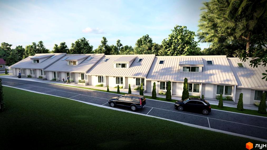 Зовнішній вигляд таунхаусів StarTHouse з сірим металевим дахом та білими фасадами, розташованих вздовж дороги з паркувальними місцями та зеленими насадженнями.