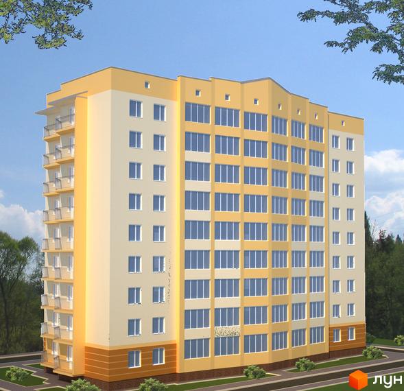 Зовнішній вигляд багатоповерхового житлового комплексу на вул. Відінська, 23а, з балконами та великими вікнами. Навколо будинку зелені насадження та доглянута прибудинкова територія.