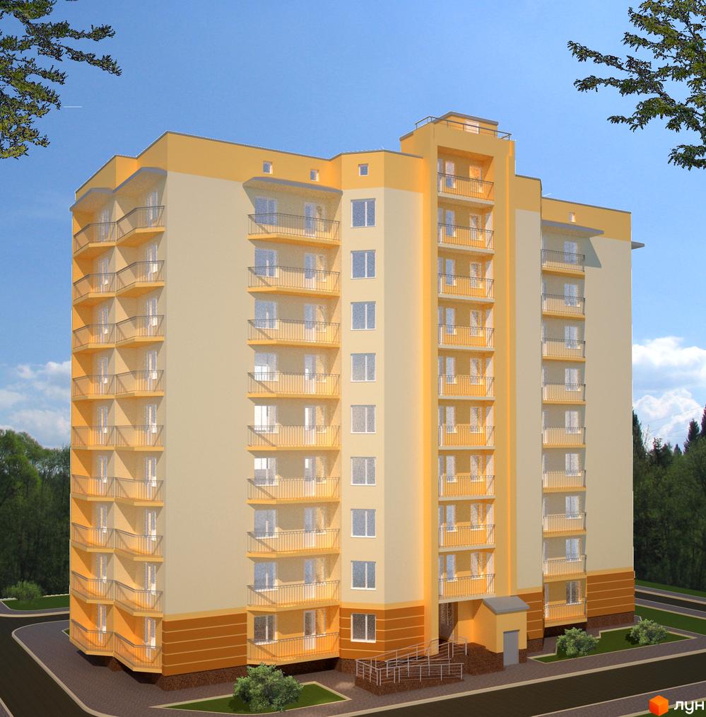 Житловий комплекс на вул. Відінській, 23а, з жовтою фасадною обробкою та балконами. Прибудинкова територія з зеленими насадженнями та асфальтованою дорогою.