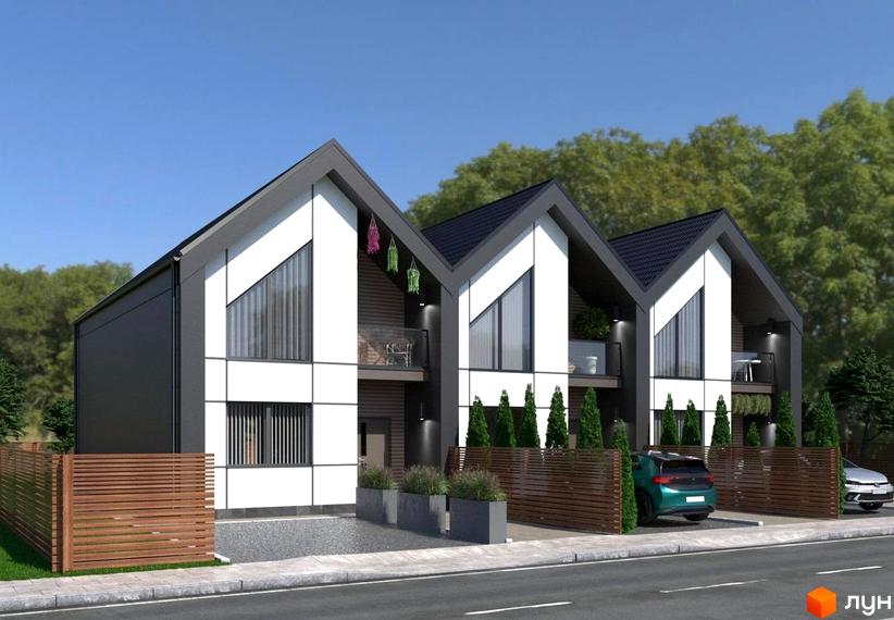 Зображення таунхаусів Hygge. Двоповерхові будинки з великими вікнами та темним дахом, перед будинками зелені насадження та парковка.