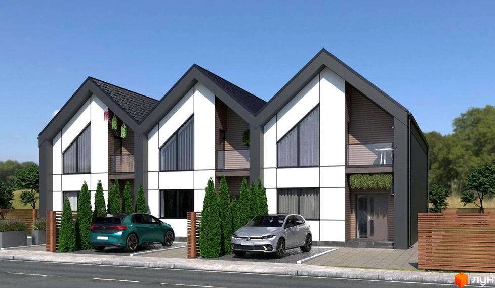 Таунхауси Hygge мають біло-сірі фасади та двосхилі дахи. Прибудинкова територія облаштована зеленими насадженнями та паркувальними місцями.