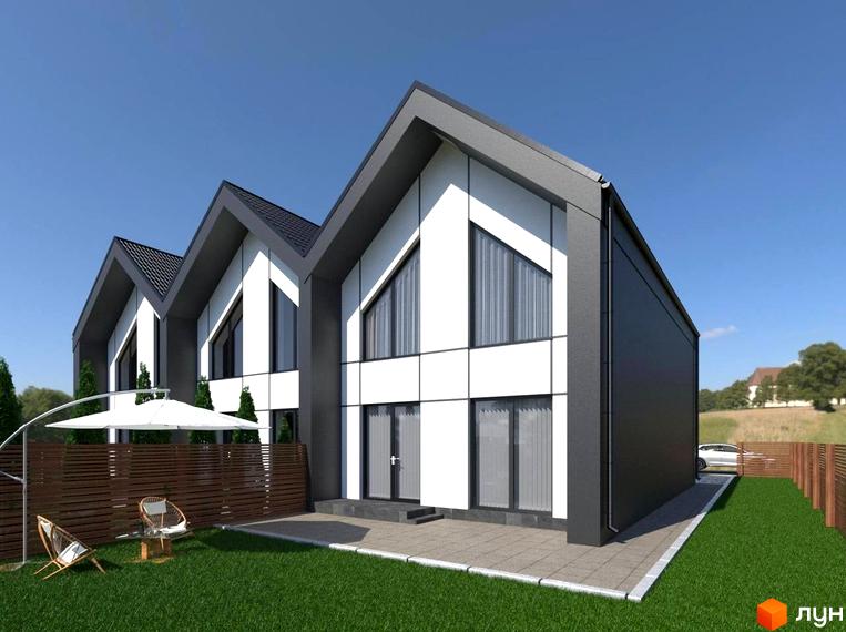 Таунхауси Hygge мають біло-сірий фасад та гострі дахи. Прибудинкова територія включає зелений газон, терасу та дерев'яний паркан.