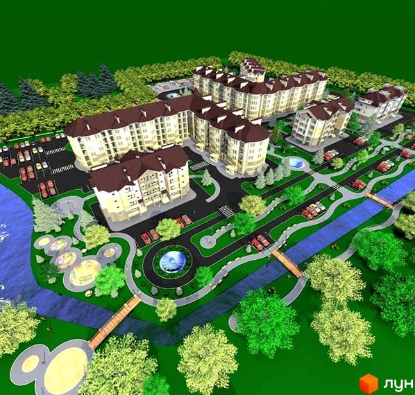 Житловий комплекс Lake City з сучасними будинками та облаштованою прибудинковою територією, парками і водними елементами.