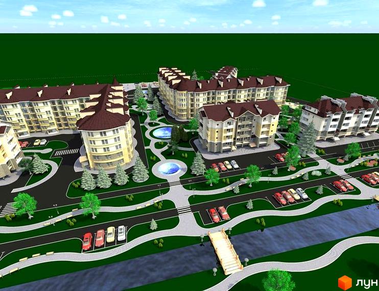 Житловий комплекс Lake City з сучасними будинками та облаштованою прибудинковою територією. На території зелені насадження, доріжки та парковка.