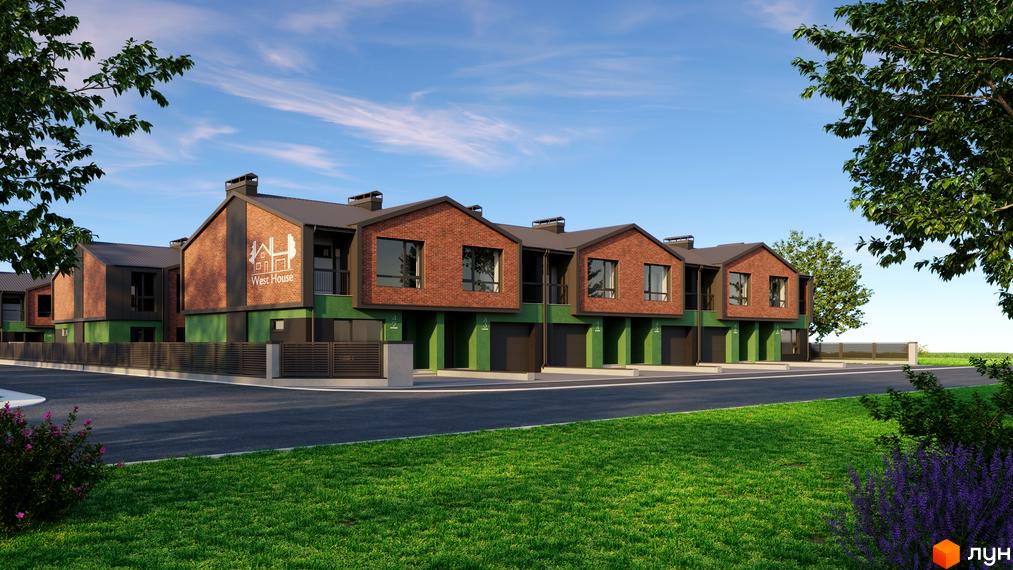 Таунхауси West House з цегляним фасадом та зеленими елементами, перед якими розташований доглянутий газон та дорога.