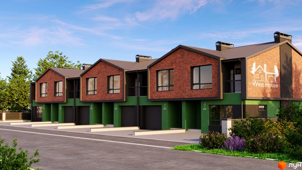 Таунхауси West House з червоної цегли та зеленим фасадом, з гаражними воротами та вікнами. Попереду зелені насадження та клумби.