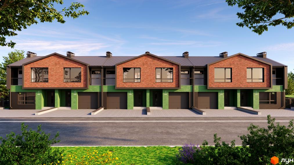 Зовнішній вигляд таунхаусів West House з цегляним фасадом та зеленими елементами. Навколо будівель облаштована прибудинкова територія з дорогою та зеленню.