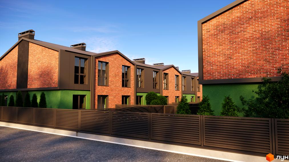 Таунхауси West House з цегляним фасадом та зеленим цоколем. Огороджена територія з парканом та деревами.