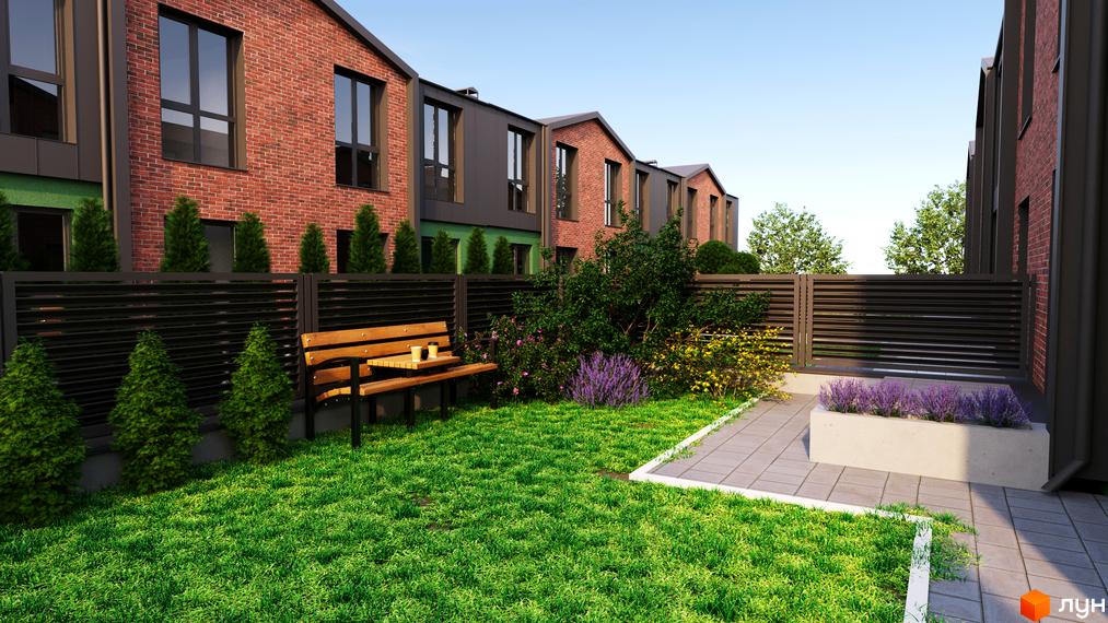 Таунхауси West House з червоної цегли з великими вікнами, огороджені парканом. Біля будинку зелений газон, лавка та клумби з квітами.