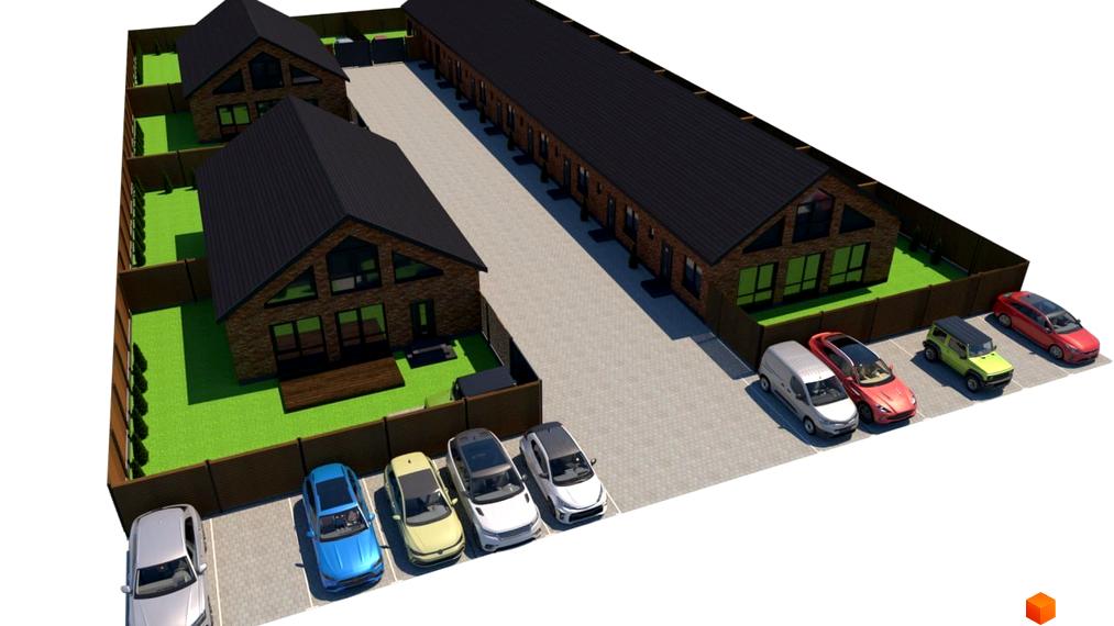 Котеджне містечко Західна Баварія: цегляні будинки з темними дахами та великими вікнами. Прибудинкова територія з газонами, огорожею та парковкою.