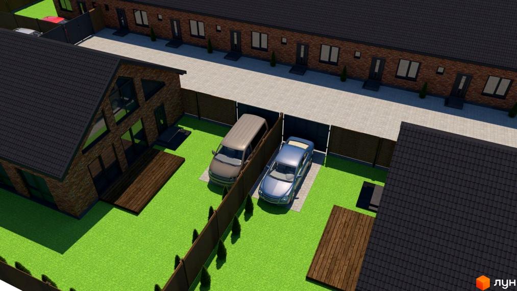 Котеджне містечко Західна Баварія: будинки з цегляними фасадами, темними дахами та великими вікнами, доглянуті газони та парковки.