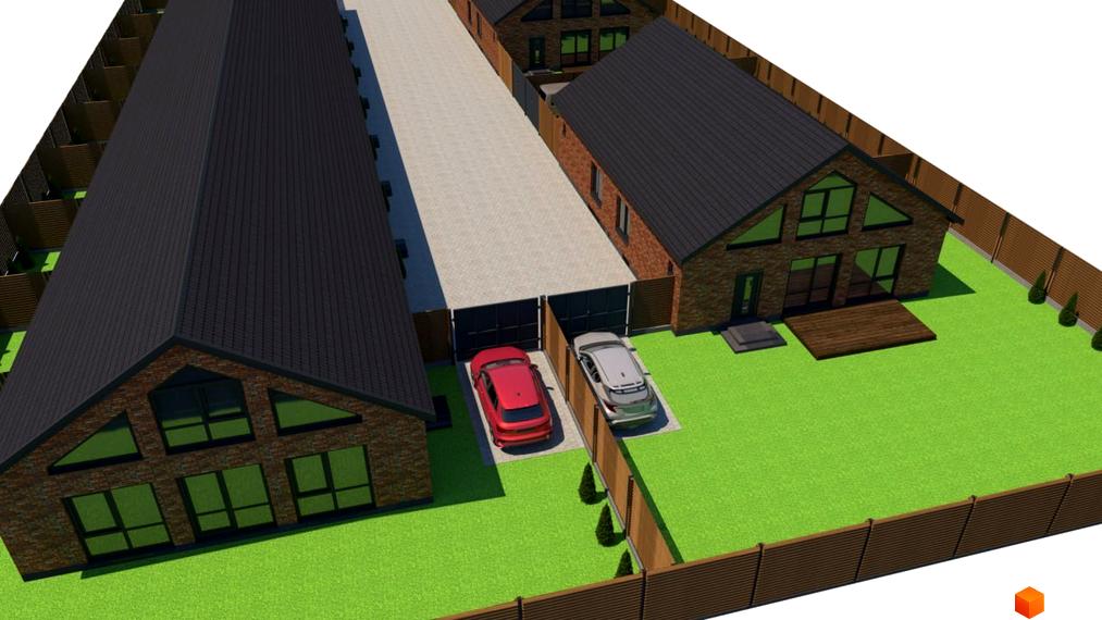 Вигляд Котеджного містечка Західна Баварія з будинками з темними дахами та червоною цеглою. На подвір'ї припарковані авто та росте газон.