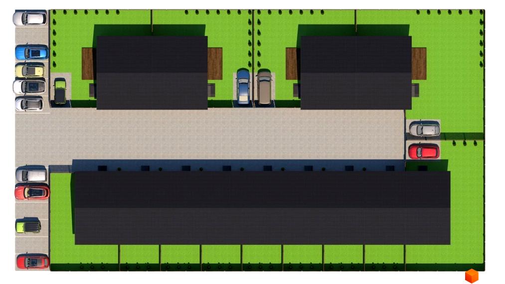 Зображення Котеджного містечка Західна Баварія з висоти пташиного польоту, що демонструє планування будинків з темними дахами та прибудинкову територію з парковками та зеленими насадженнями.