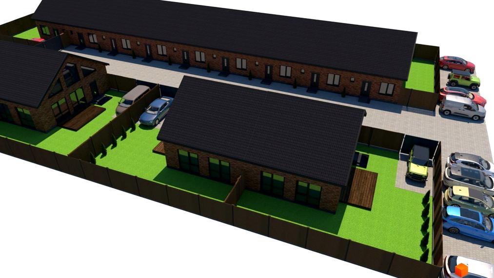 Котеджне містечко Західна Баварія: цегляні будинки з темними дахами, зелені газони, огорожі та паркувальні зони.