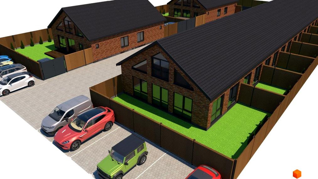 Зображення будинків з чорними дахами та коричневими стінами в Котеджному містечку Західна Баварія. Навколо будинків зелені газони та парковка для автомобілів.