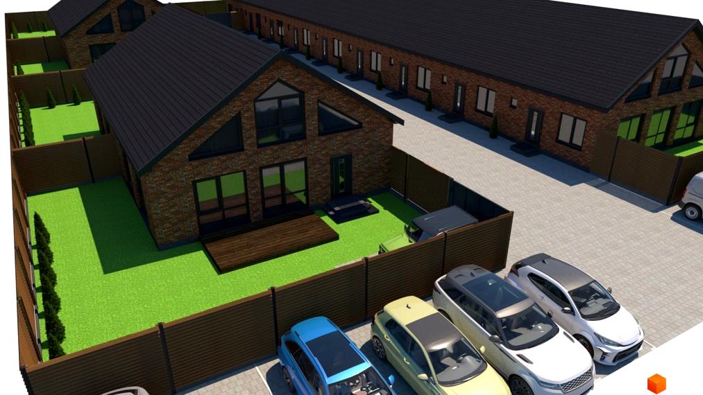 Котеджне містечко Західна Баварія: цегляні будинки з великими вікнами та темними дахами, зелені газони та паркувальні місця.