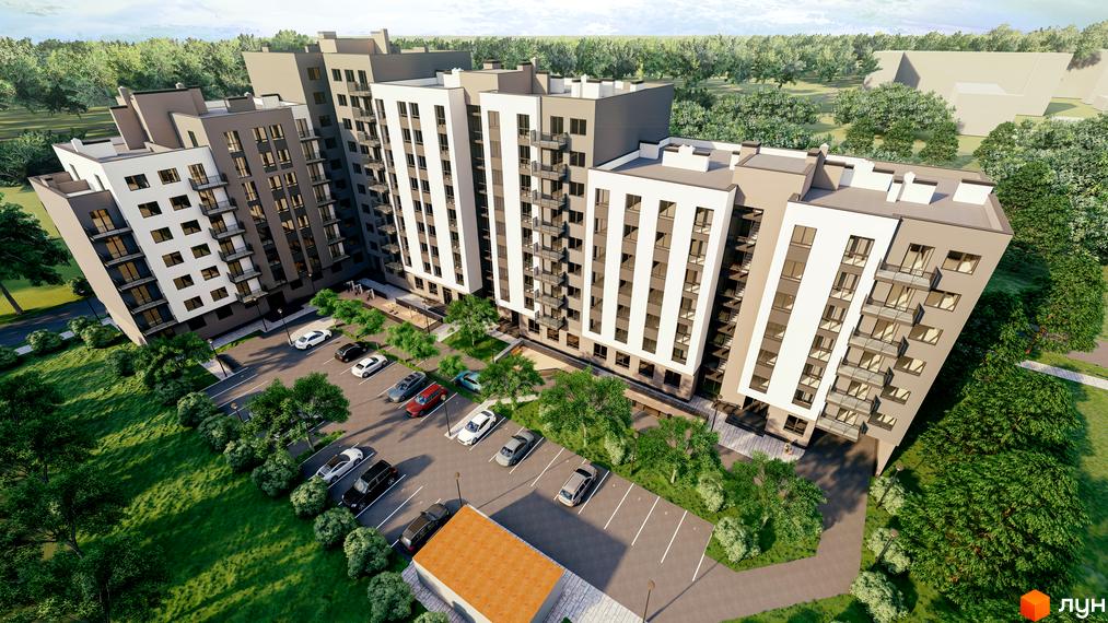 Зображення Житлового комплексу Франко з виглядом на багатоповерховий будинок та прибудинкову територію з паркінгом.