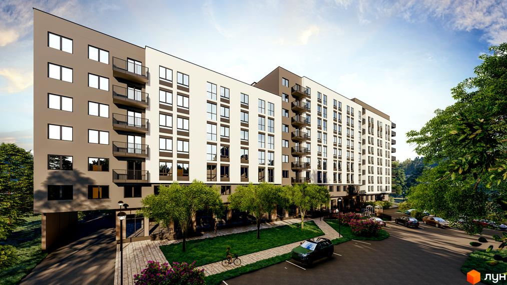 Житловий комплекс Франко: багатоповерховий будинок з комбінованим світлим та коричневим фасадом, балконами та прибудинковою територією з деревами і парковкою.