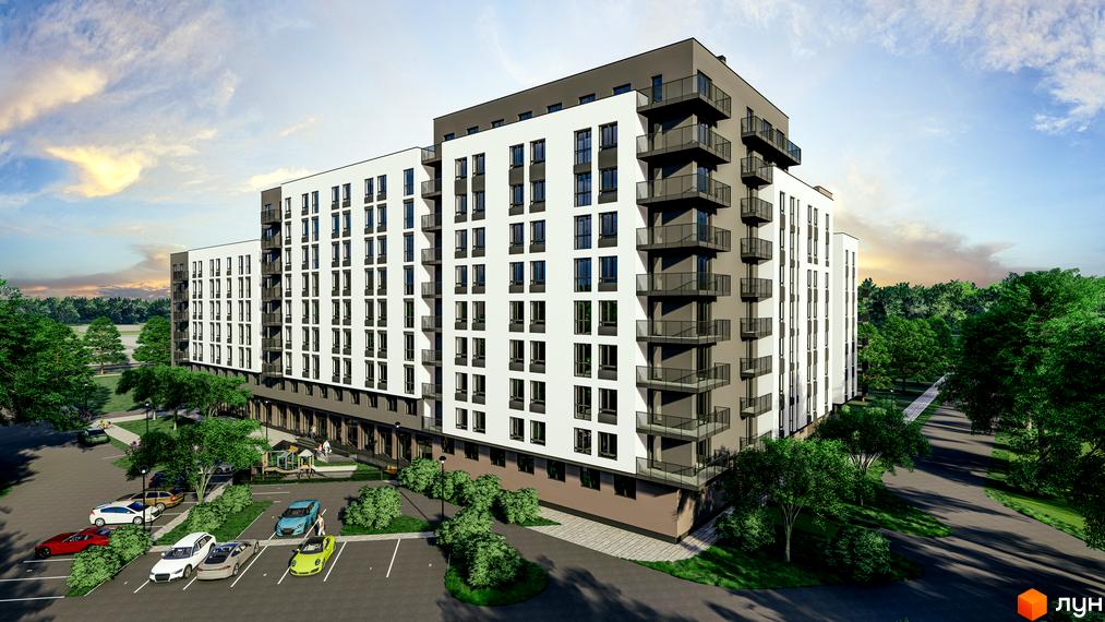 Багатоповерховий будинок Житлового комплексу Франко з білими та темно-сірими фасадами, балконами. Поруч парковка, зелені насадження та дитячий майданчик.