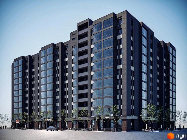 Висотна будівля ЖК Гвардійське з великими вікнами та темним фасадом. На першому поверсі розташовані комерційні приміщення, перед будинком висаджені дерева та є парковка.