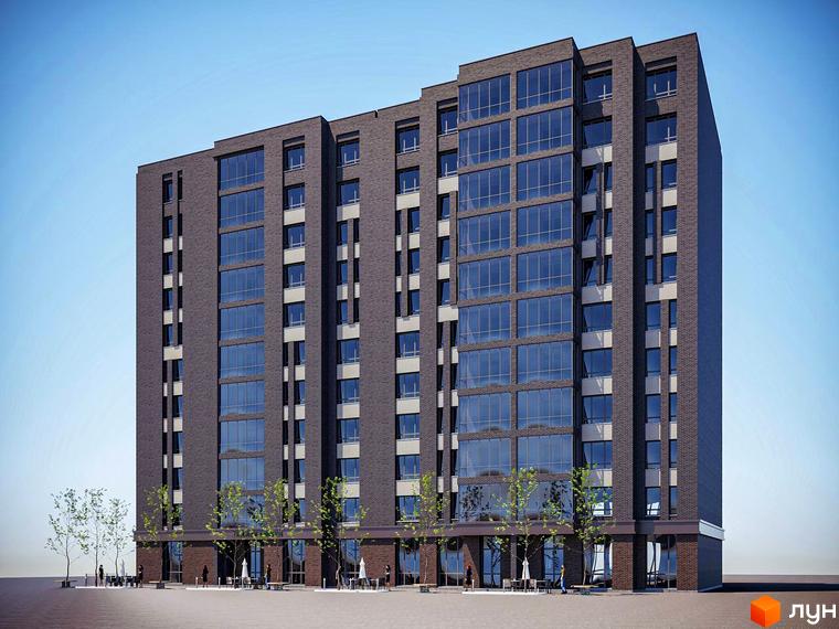 Фасад житлового комплексу Гвардійське з цегляним оздобленням та великими вікнами. Навколо будинку розташовані дерева та зони відпочинку.