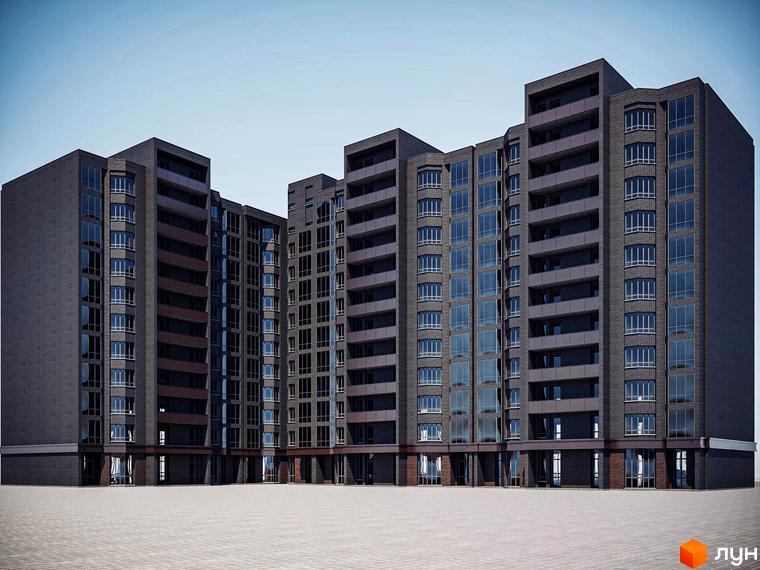 Висотна будівля ЖК Гвардійське з великою кількістю вікон та балконів, розташована на рівній поверхні з бруківкою.