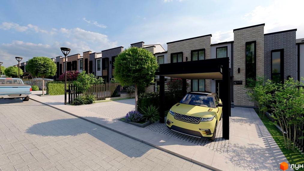 Вулиця Котеджного містечка Симфонія з двоповерховими будинками зі світлої цегли та темними вікнами. На території бруківка, зелені дерева та кущі.